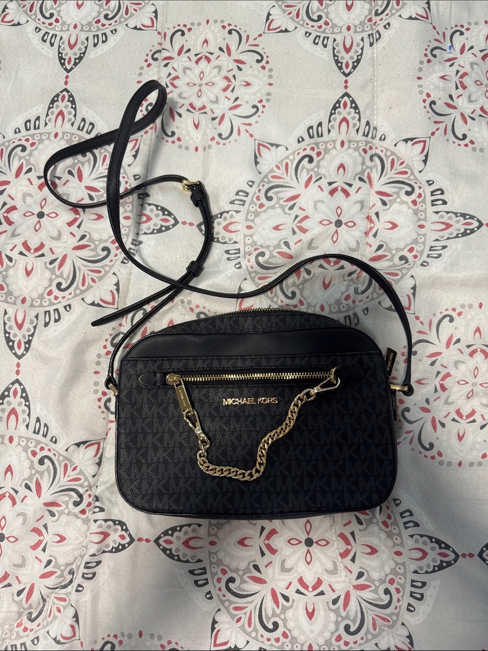 Michael Kors Black Logo-Print Crossbody with Gold Chain Accent